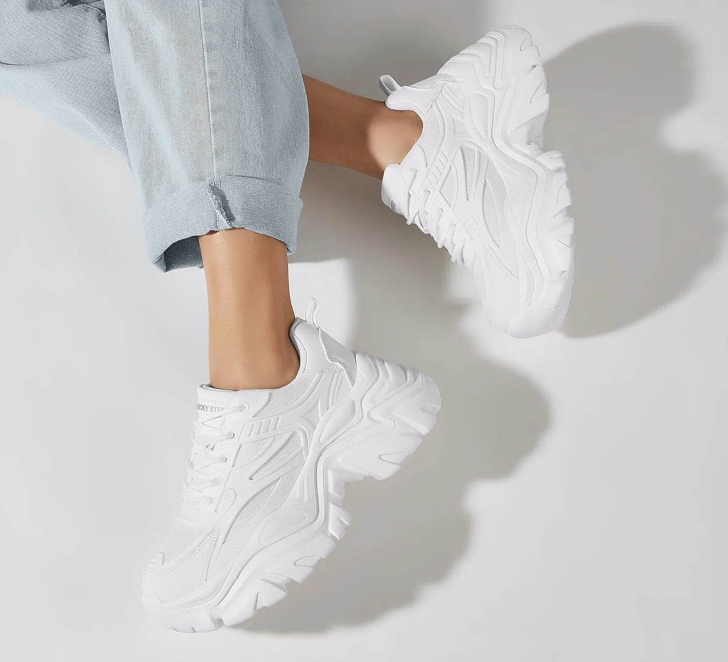 LUCKY STEP Chunky Sneakers for Women Platform Tennis Fashion White Dad Shoes Mesh Breathable Casual Wedge Lace Up Walking Sneakers