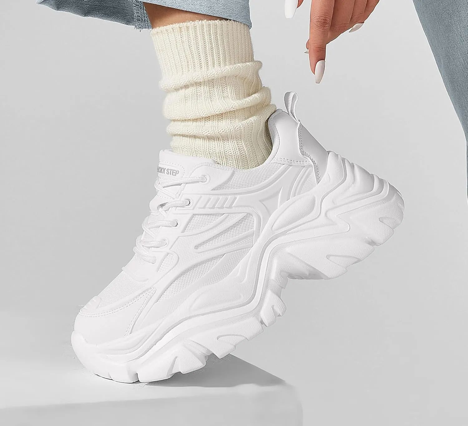 LUCKY STEP Chunky Sneakers for Women Platform Tennis Fashion White Dad Shoes Mesh Breathable Casual Wedge Lace Up Walking Sneakers