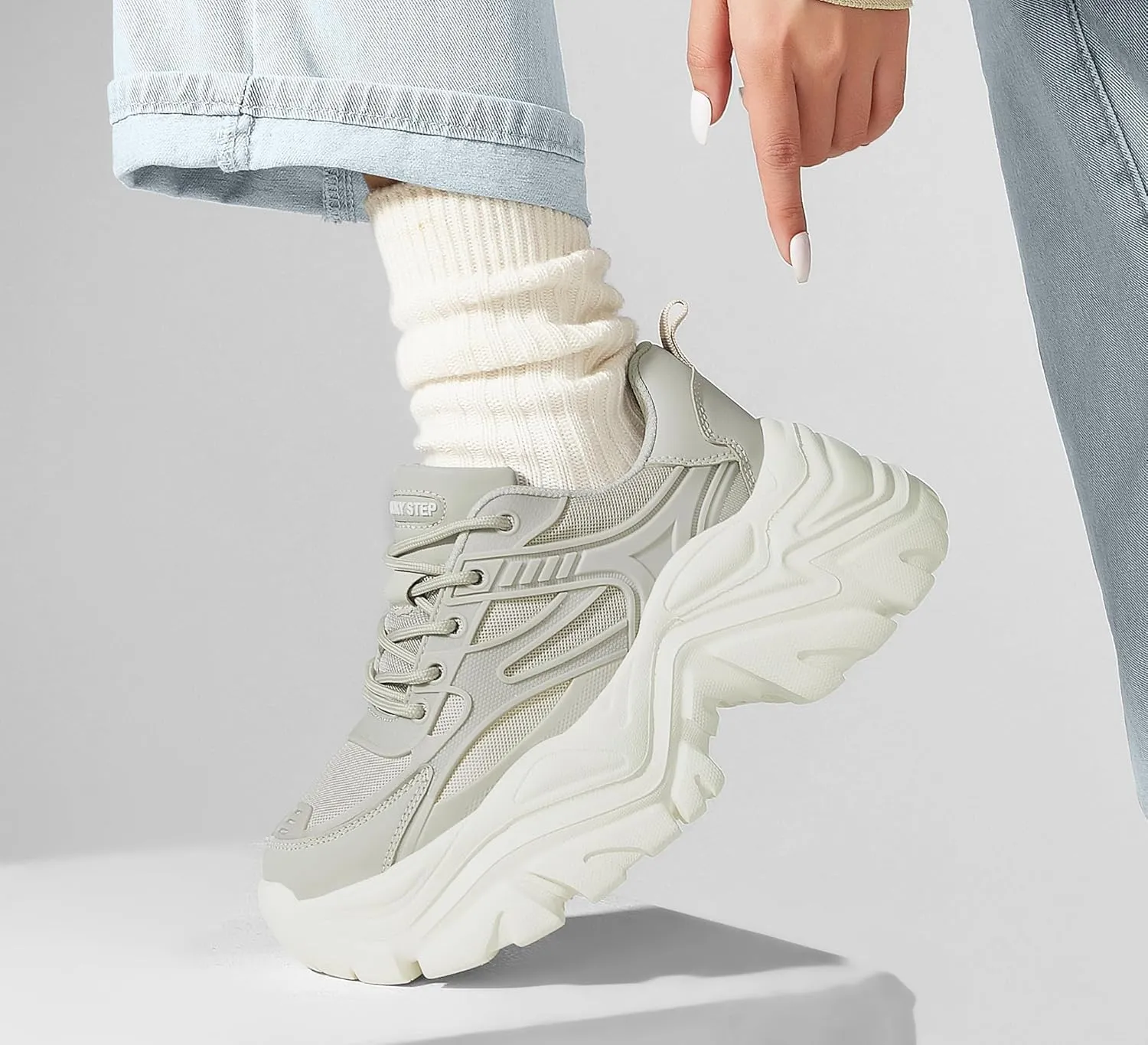 LUCKY STEP Chunky Sneakers for Women Platform Tennis Fashion White Dad Shoes Mesh Breathable Casual Wedge Lace Up Walking Sneakers