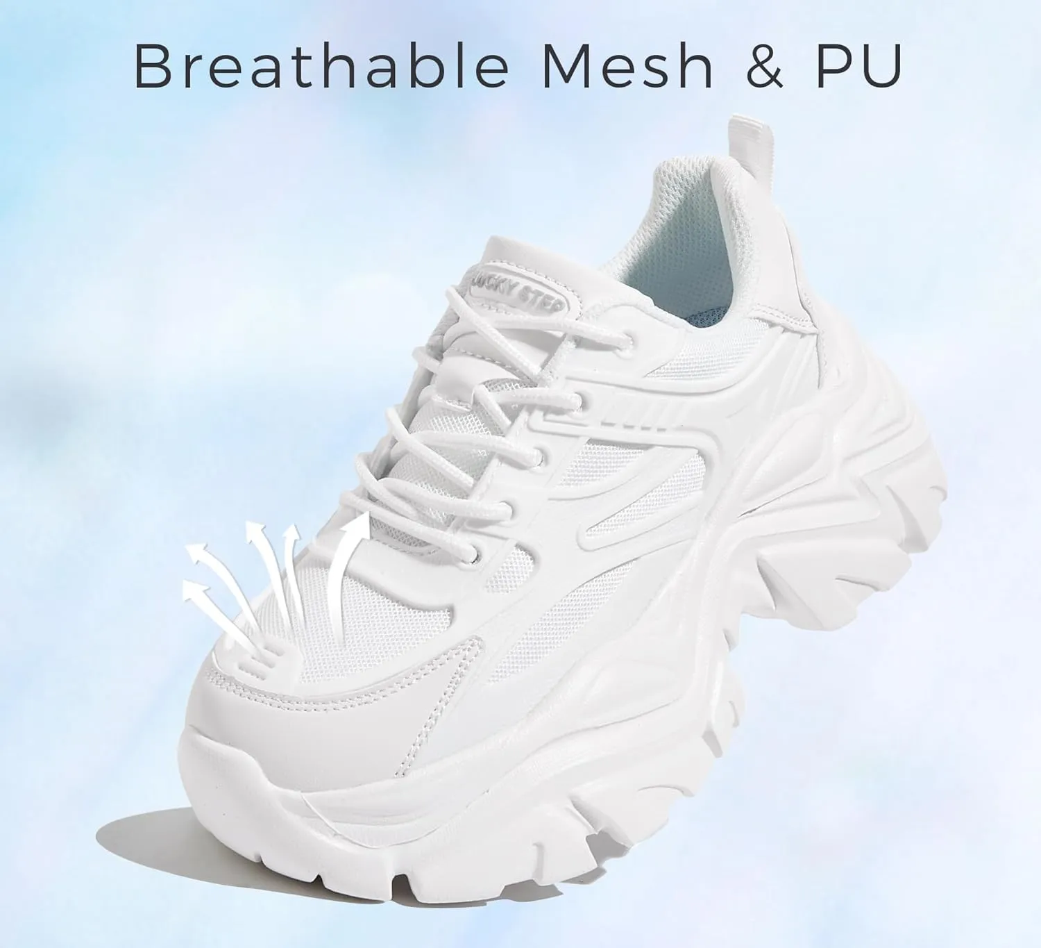 LUCKY STEP Chunky Sneakers for Women Platform Tennis Fashion White Dad Shoes Mesh Breathable Casual Wedge Lace Up Walking Sneakers