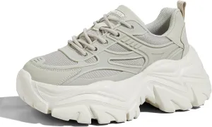 LUCKY STEP Chunky Sneakers for Women Platform Tennis Fashion White Dad Shoes Mesh Breathable Casual Wedge Lace Up Walking Sneakers