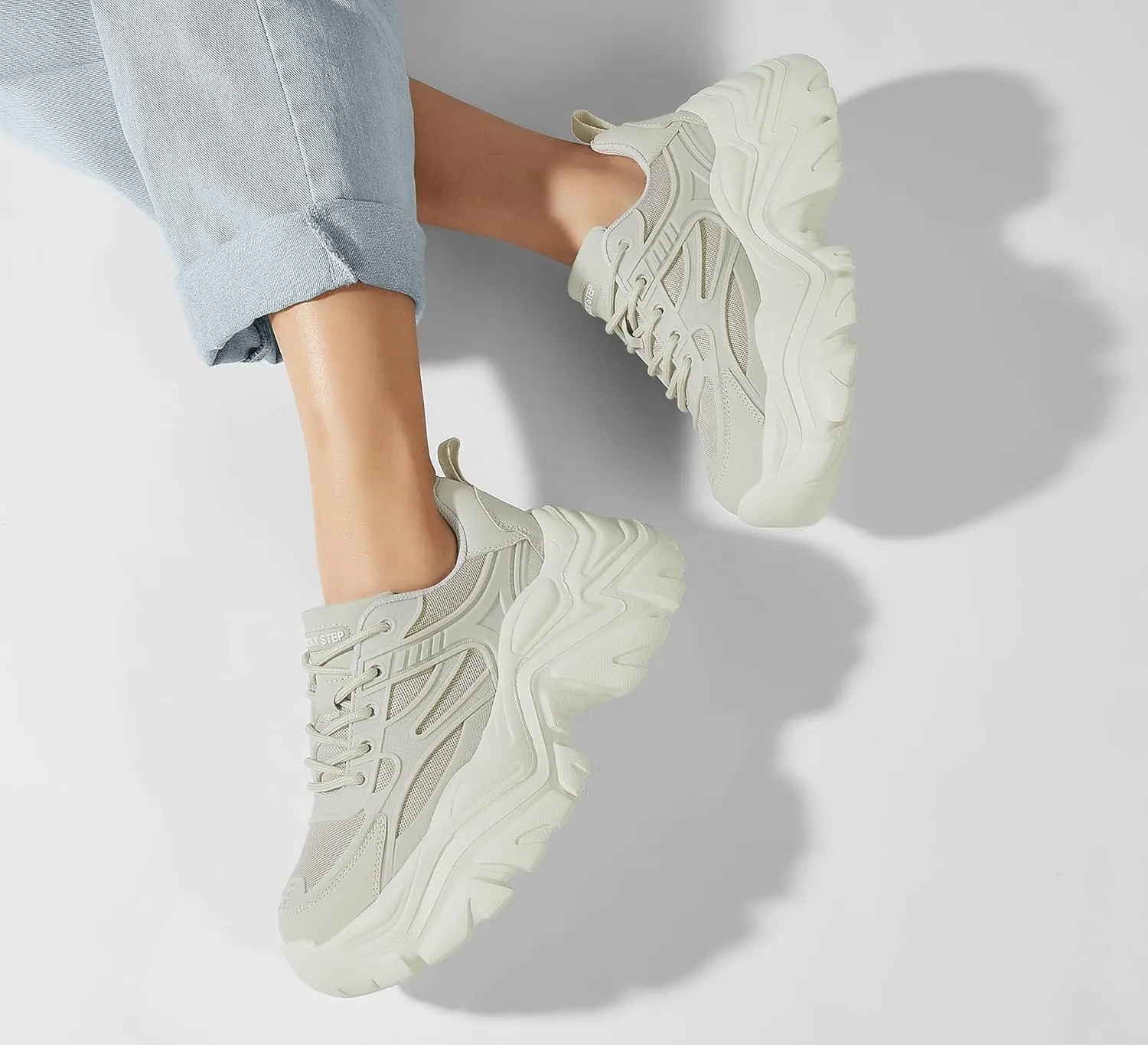 LUCKY STEP Chunky Sneakers for Women Platform Tennis Fashion White Dad Shoes Mesh Breathable Casual Wedge Lace Up Walking Sneakers