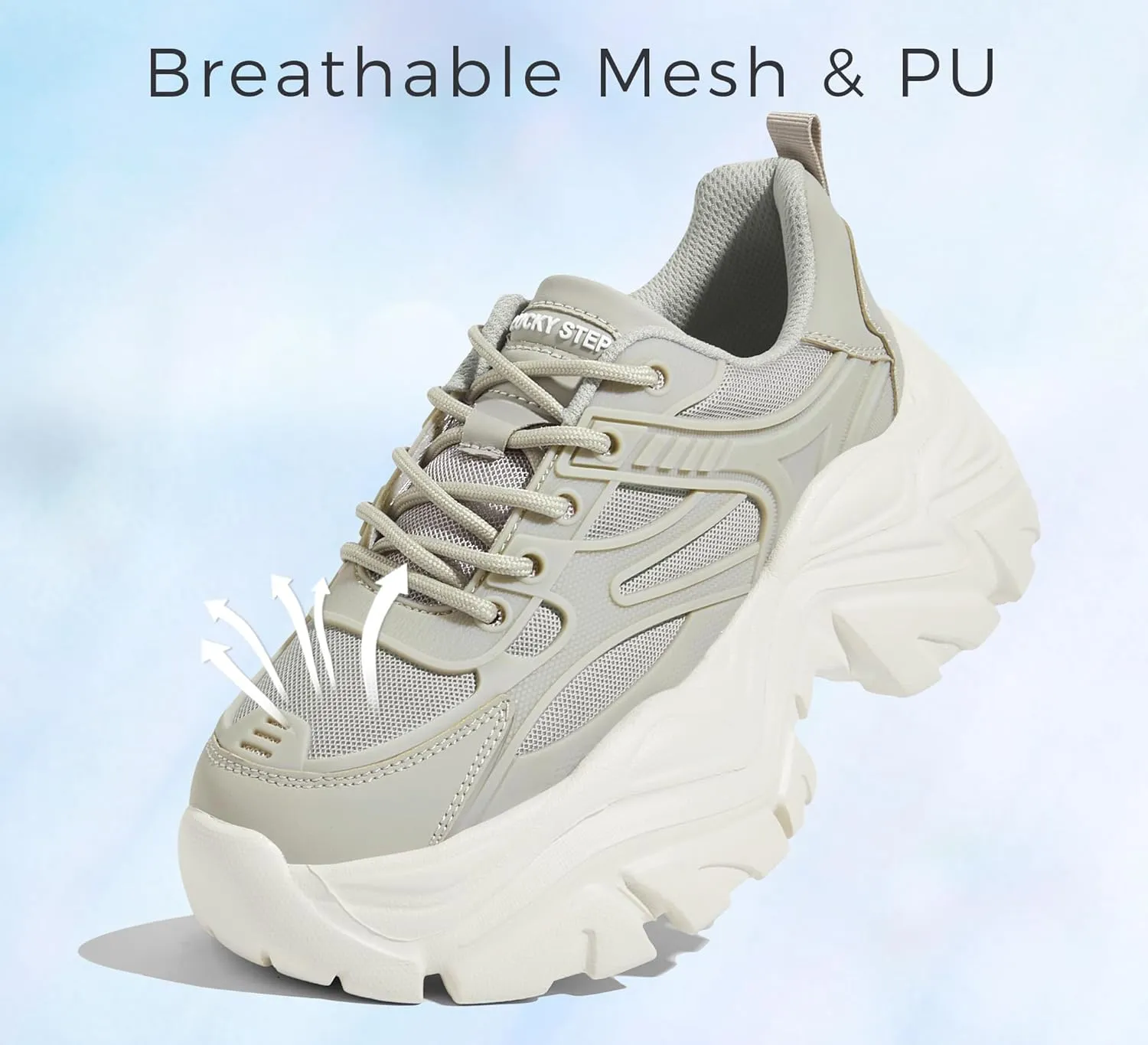 LUCKY STEP Chunky Sneakers for Women Platform Tennis Fashion White Dad Shoes Mesh Breathable Casual Wedge Lace Up Walking Sneakers