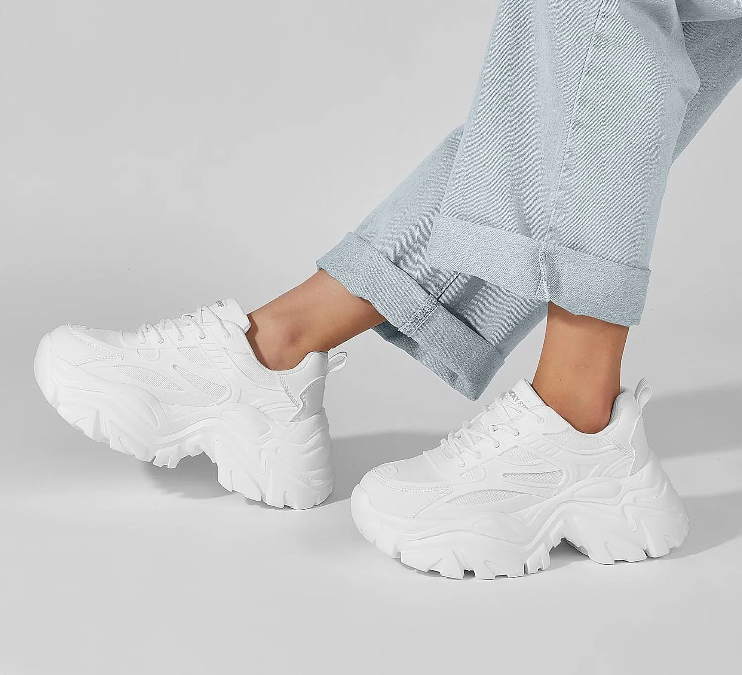 LUCKY STEP Chunky Sneakers for Women Platform Tennis Fashion White Dad Shoes Mesh Breathable Casual Wedge Lace Up Walking Sneakers