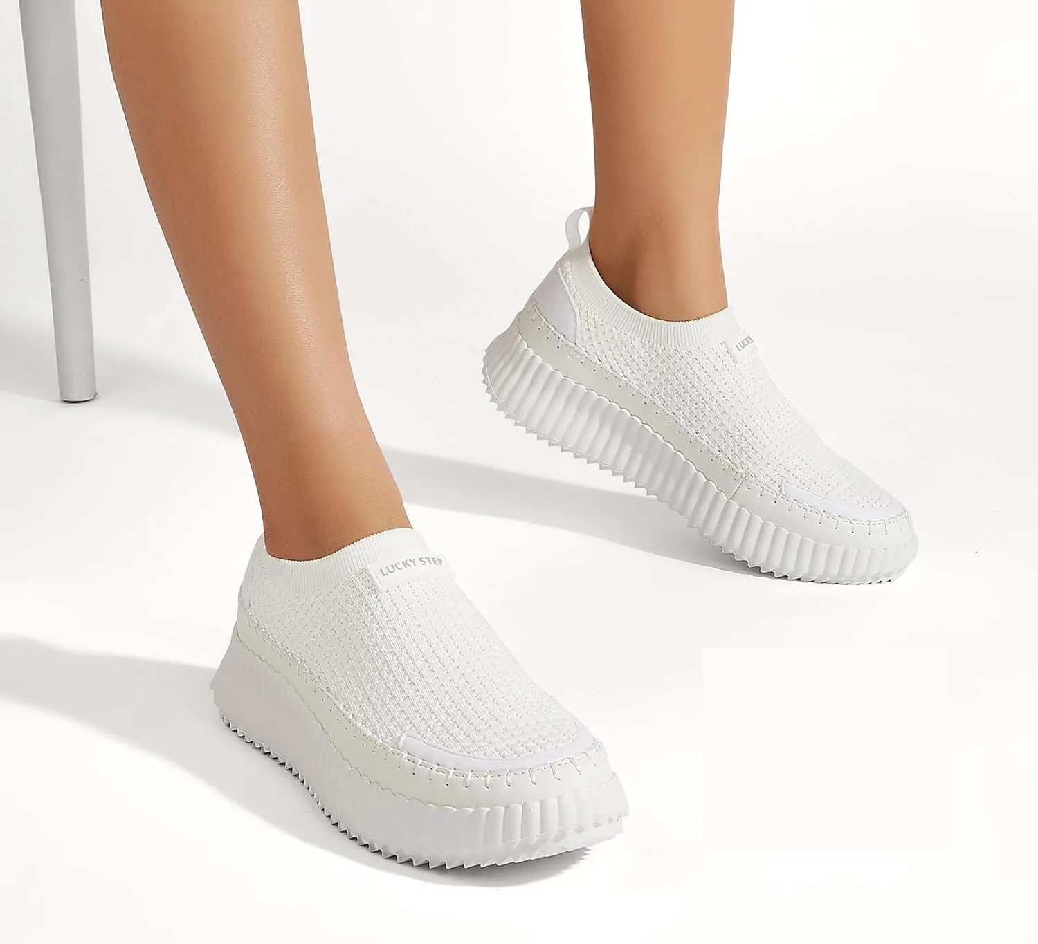LUCKY STEP Platform Sneakers for Women Slip on Knit Chunky Fashion Casual Retro Braided Tennis Lightweight Walking Shoes