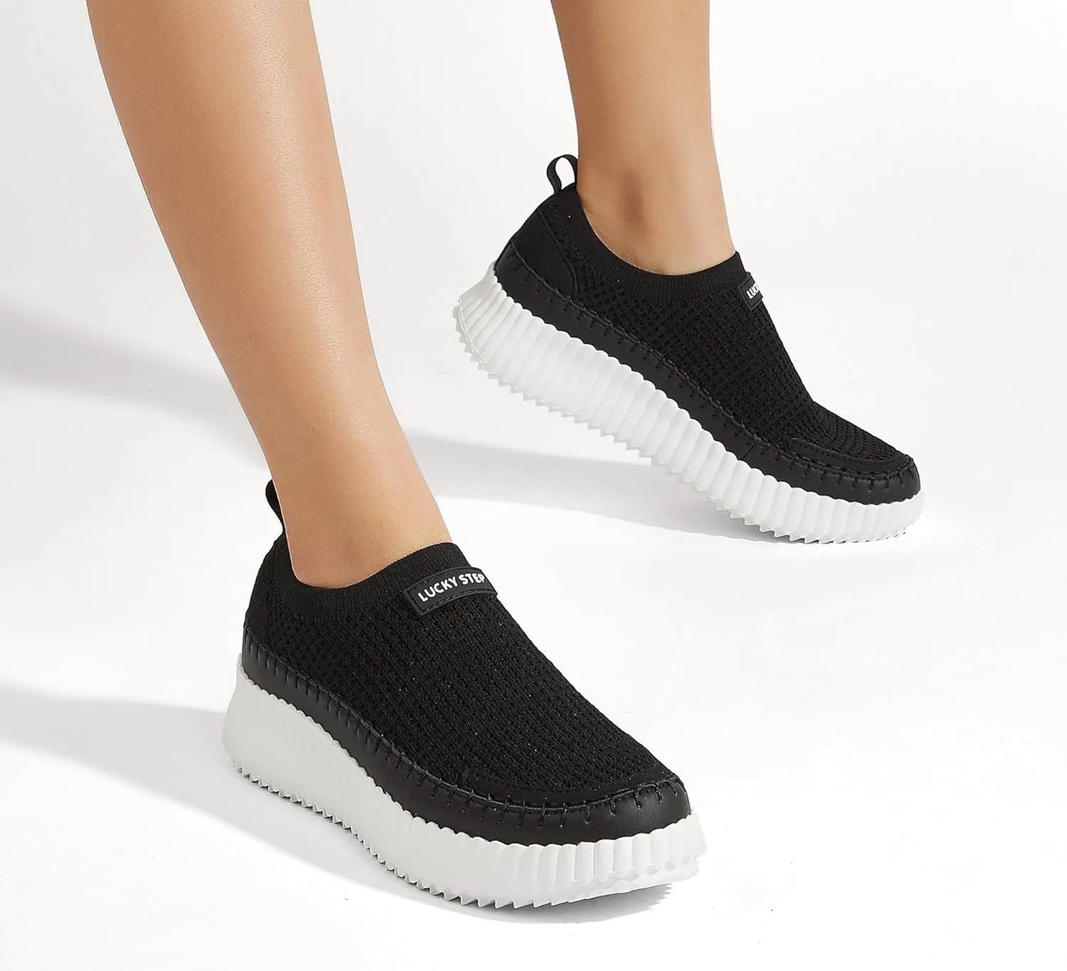 LUCKY STEP Platform Sneakers for Women Slip on Knit Chunky Fashion Casual Retro Braided Tennis Lightweight Walking Shoes