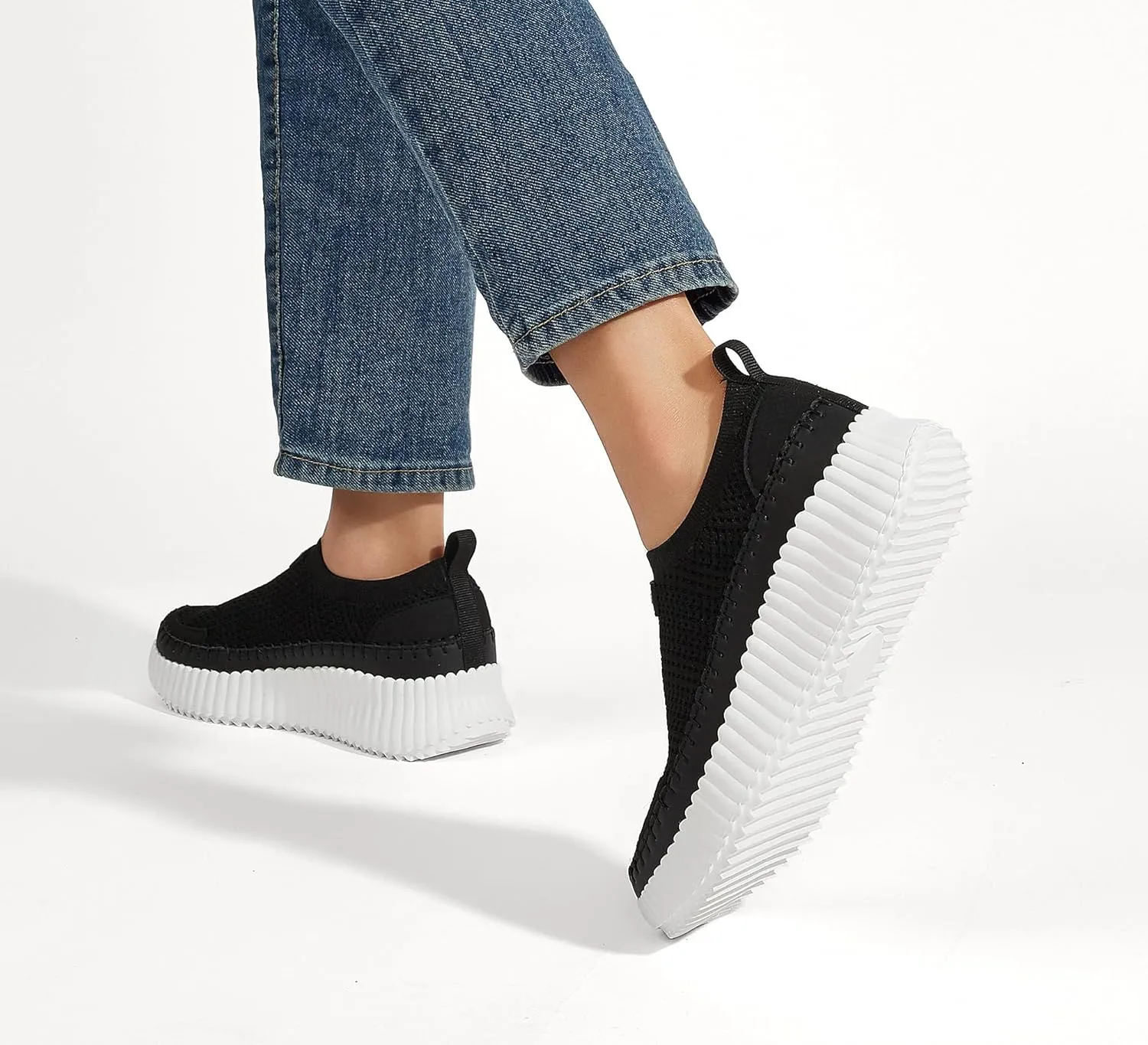 LUCKY STEP Platform Sneakers for Women Slip on Knit Chunky Fashion Casual Retro Braided Tennis Lightweight Walking Shoes