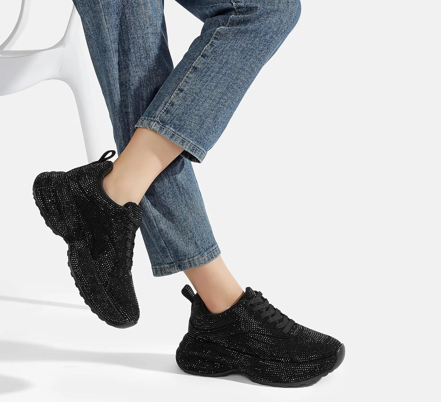 LUCKY STEP Rhinestone Chunky Sneakers for Women Fashion Platform Sparkly Dad Casual Shoes Lightweight Tennis Walking Sport Footwear