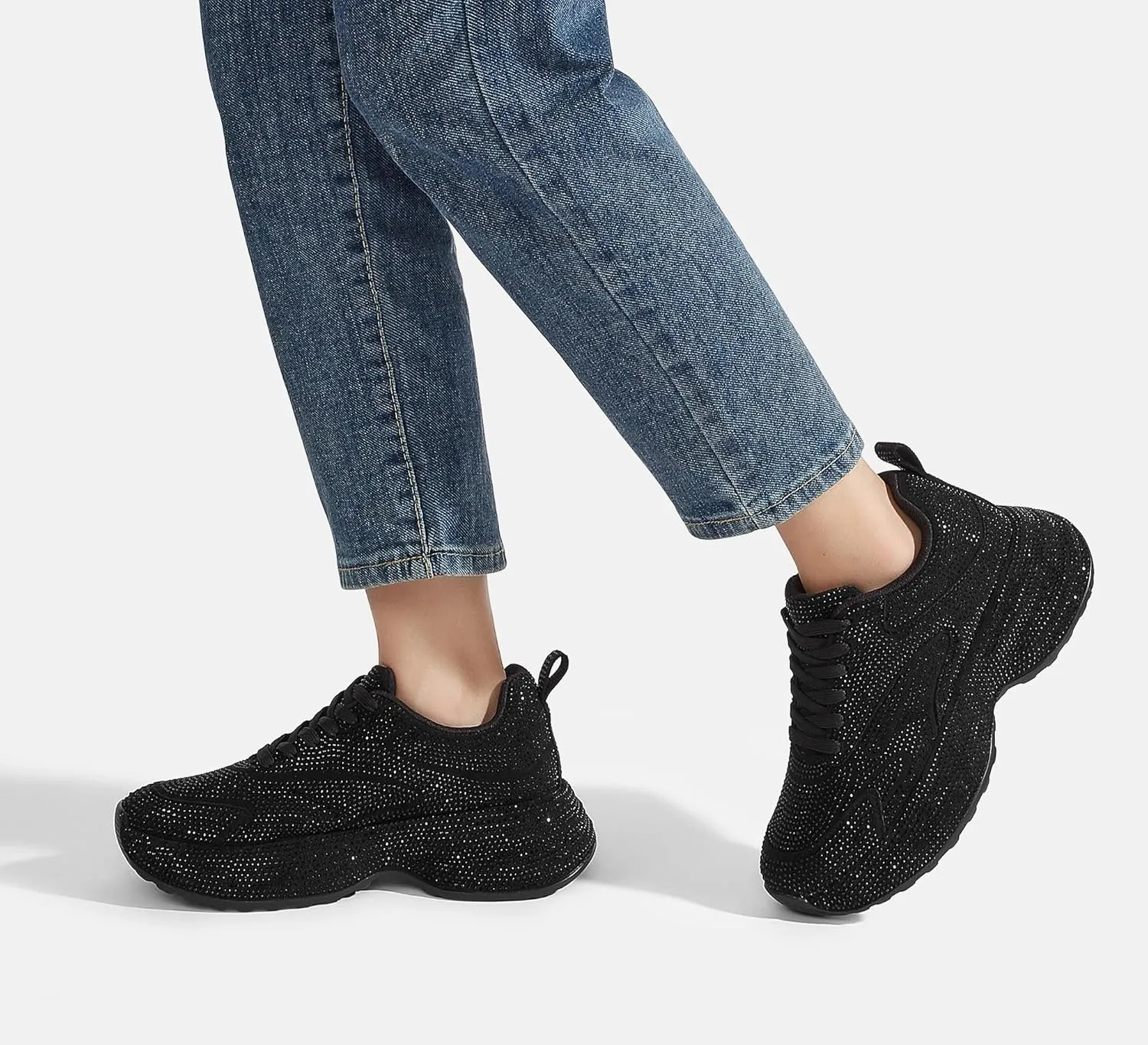 LUCKY STEP Rhinestone Chunky Sneakers for Women Fashion Platform Sparkly Dad Casual Shoes Lightweight Tennis Walking Sport Footwear