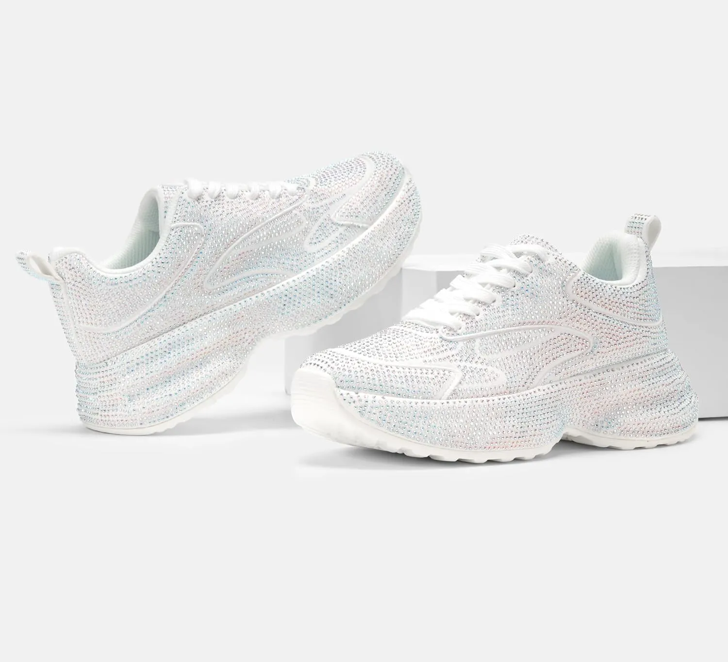 LUCKY STEP Rhinestone Chunky Sneakers for Women Fashion Platform Sparkly Dad Casual Shoes Lightweight Tennis Walking Sport Footwear