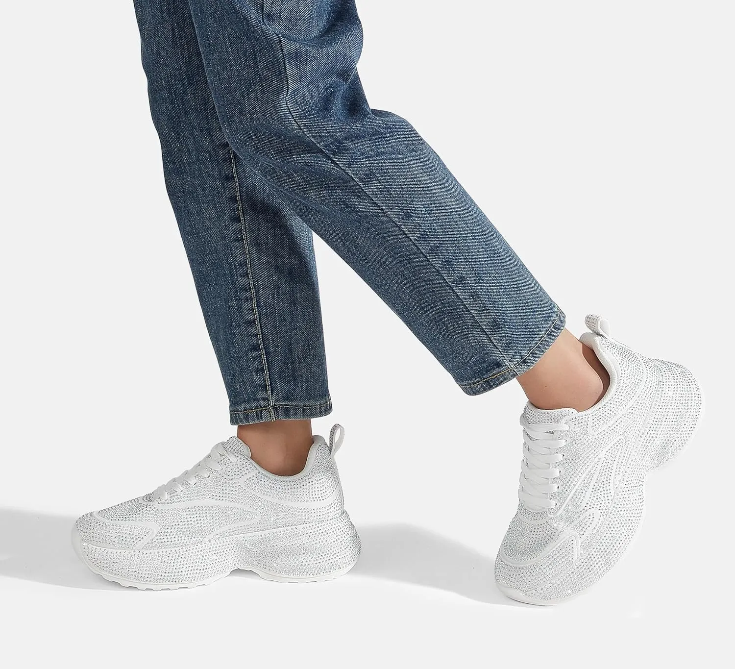 LUCKY STEP Rhinestone Chunky Sneakers for Women Fashion Platform Sparkly Dad Casual Shoes Lightweight Tennis Walking Sport Footwear