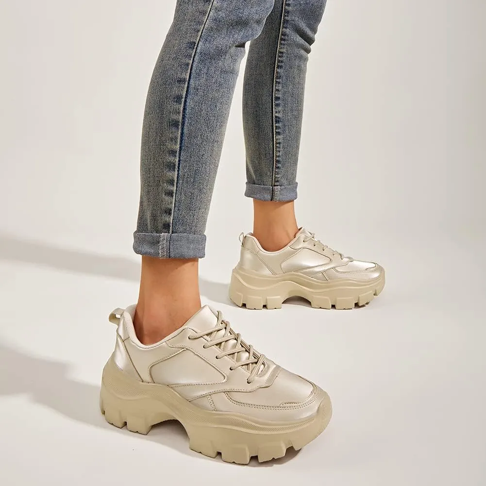 LUCKY STEP Women Chunky Platform Dad Colorblock White Neon Green Fuchsia Hologram Silver Casual Lace-Up Walking Sneakers
