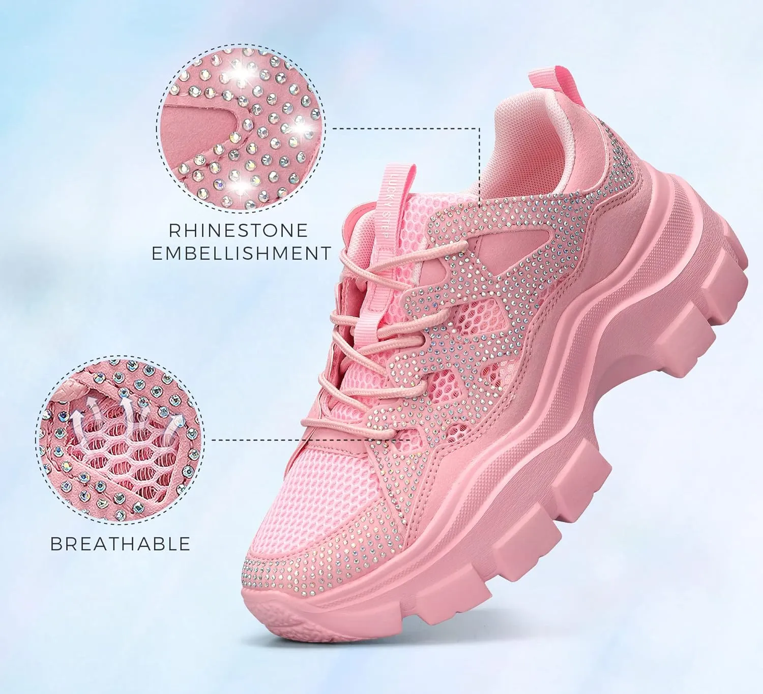 LUCKY STEP Women Chunky Platform Dad Colorblock White Neon Green Fuchsia Hologram Silver Casual Lace-Up Walking Sneakers