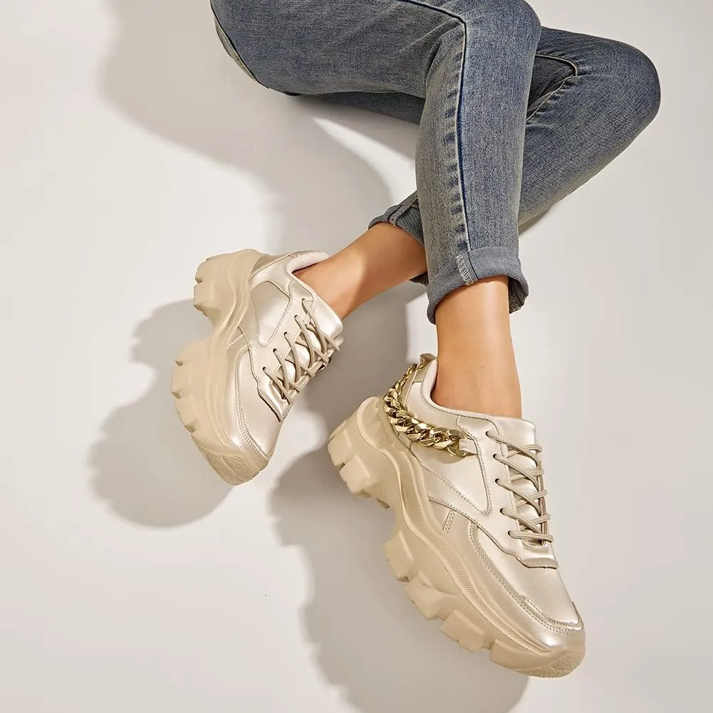 LUCKY STEP Women Chunky Platform Dad Colorblock White Neon Green Fuchsia Hologram Silver Casual Lace-Up Walking Sneakers