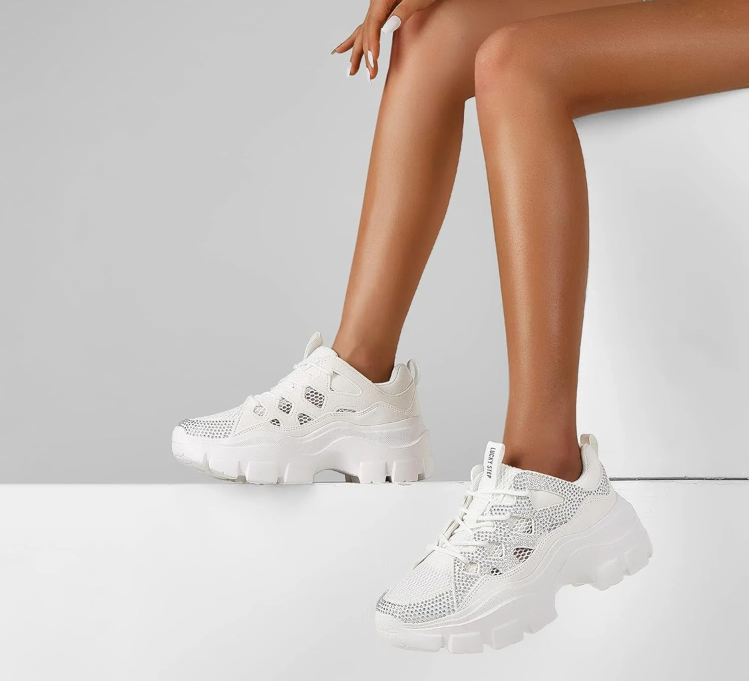 LUCKY STEP Women Chunky Platform Dad Colorblock White Neon Green Fuchsia Hologram Silver Casual Lace-Up Walking Sneakers