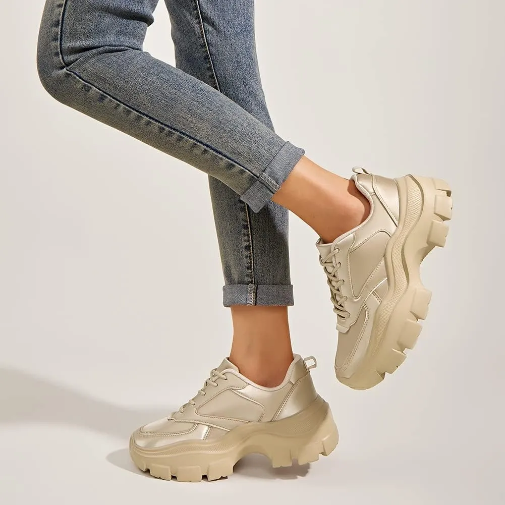 LUCKY STEP Women Chunky Platform Dad Colorblock White Neon Green Fuchsia Hologram Silver Casual Lace-Up Walking Sneakers