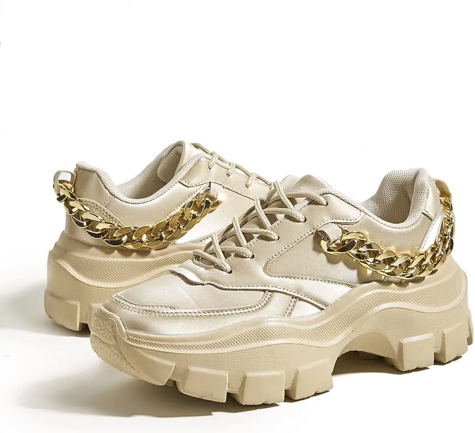 LUCKY STEP Women Chunky Platform Dad Colorblock White Neon Green Fuchsia Hologram Silver Casual Lace-Up Walking Sneakers