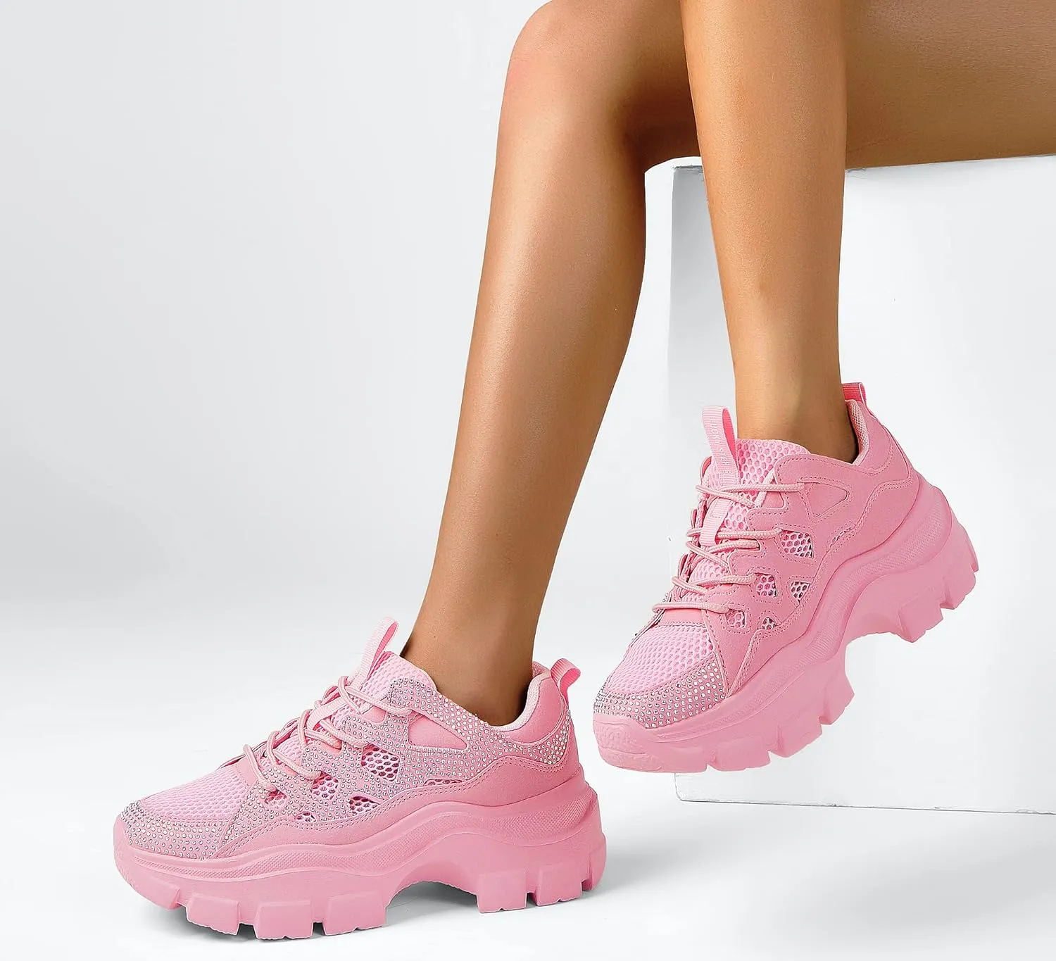 LUCKY STEP Women Chunky Platform Dad Colorblock White Neon Green Fuchsia Hologram Silver Casual Lace-Up Walking Sneakers