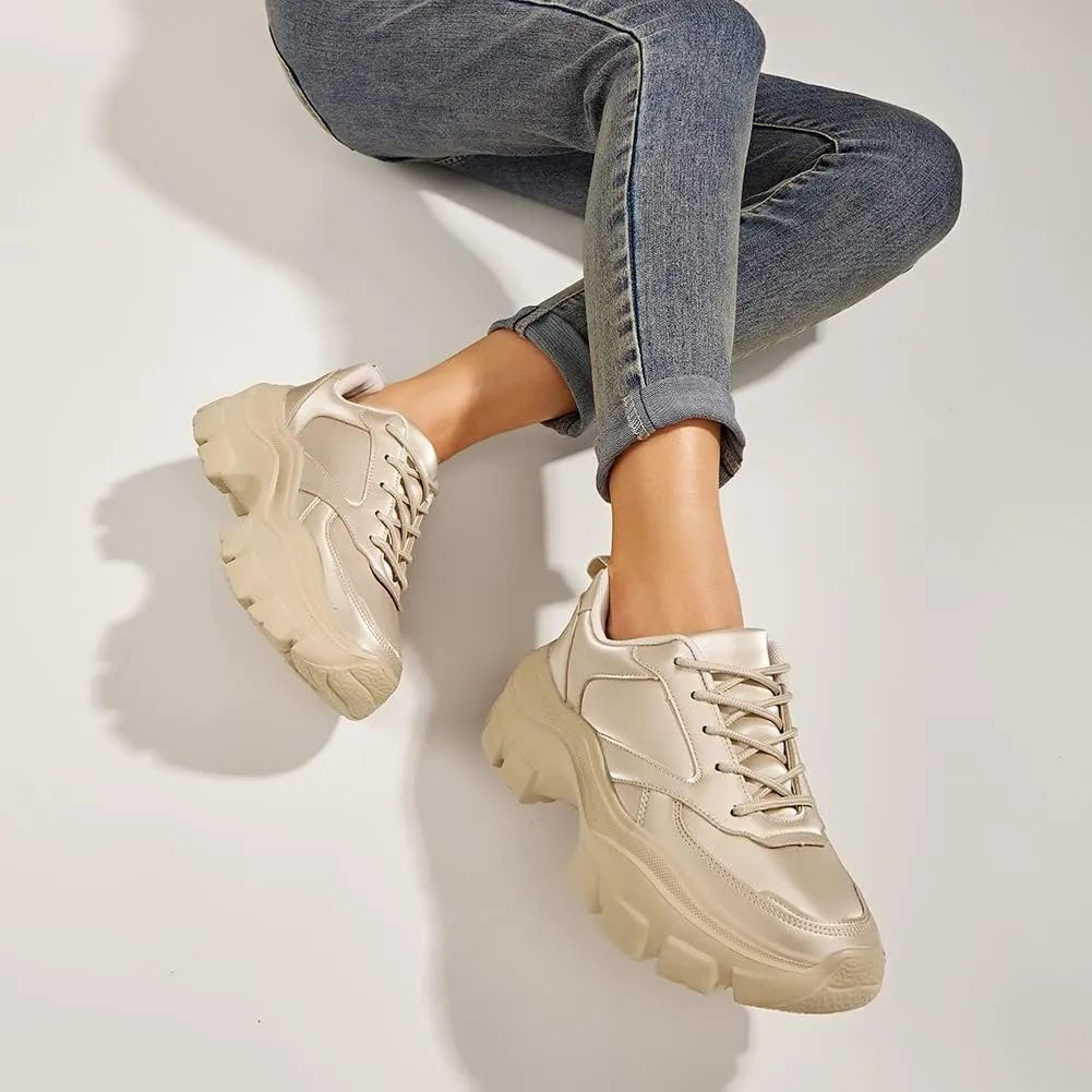 LUCKY STEP Women Chunky Platform Dad Colorblock White Neon Green Fuchsia Hologram Silver Casual Lace-Up Walking Sneakers