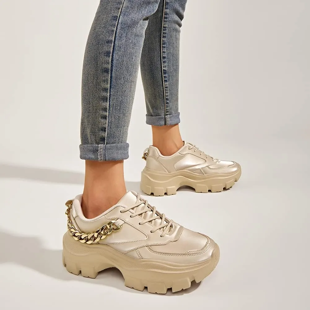 LUCKY STEP Women Chunky Platform Dad Colorblock White Neon Green Fuchsia Hologram Silver Casual Lace-Up Walking Sneakers