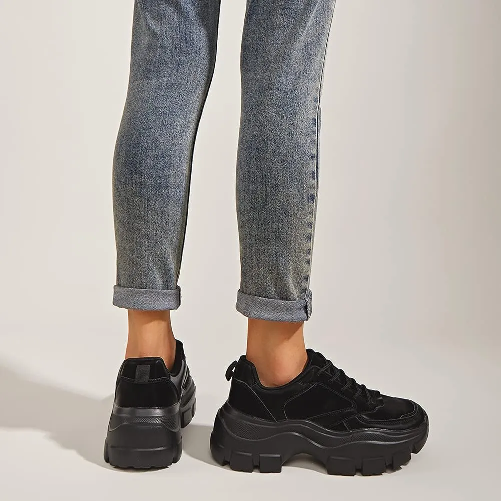 LUCKY STEP Women Chunky Platform Dad Colorblock White Neon Green Fuchsia Hologram Silver Casual Lace-Up Walking Sneakers