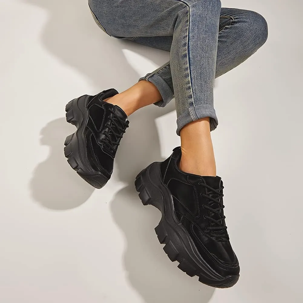 LUCKY STEP Women Chunky Platform Dad Colorblock White Neon Green Fuchsia Hologram Silver Casual Lace-Up Walking Sneakers