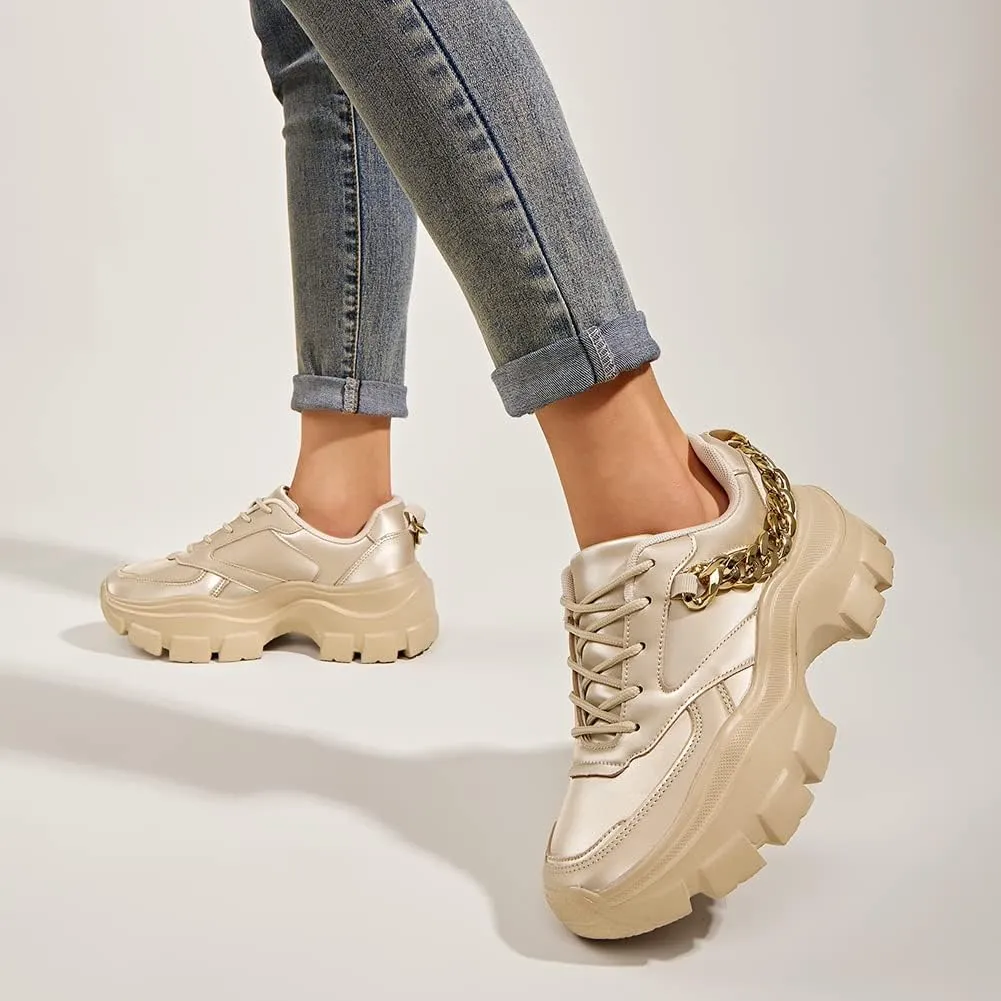 LUCKY STEP Women Chunky Platform Dad Colorblock White Neon Green Fuchsia Hologram Silver Casual Lace-Up Walking Sneakers