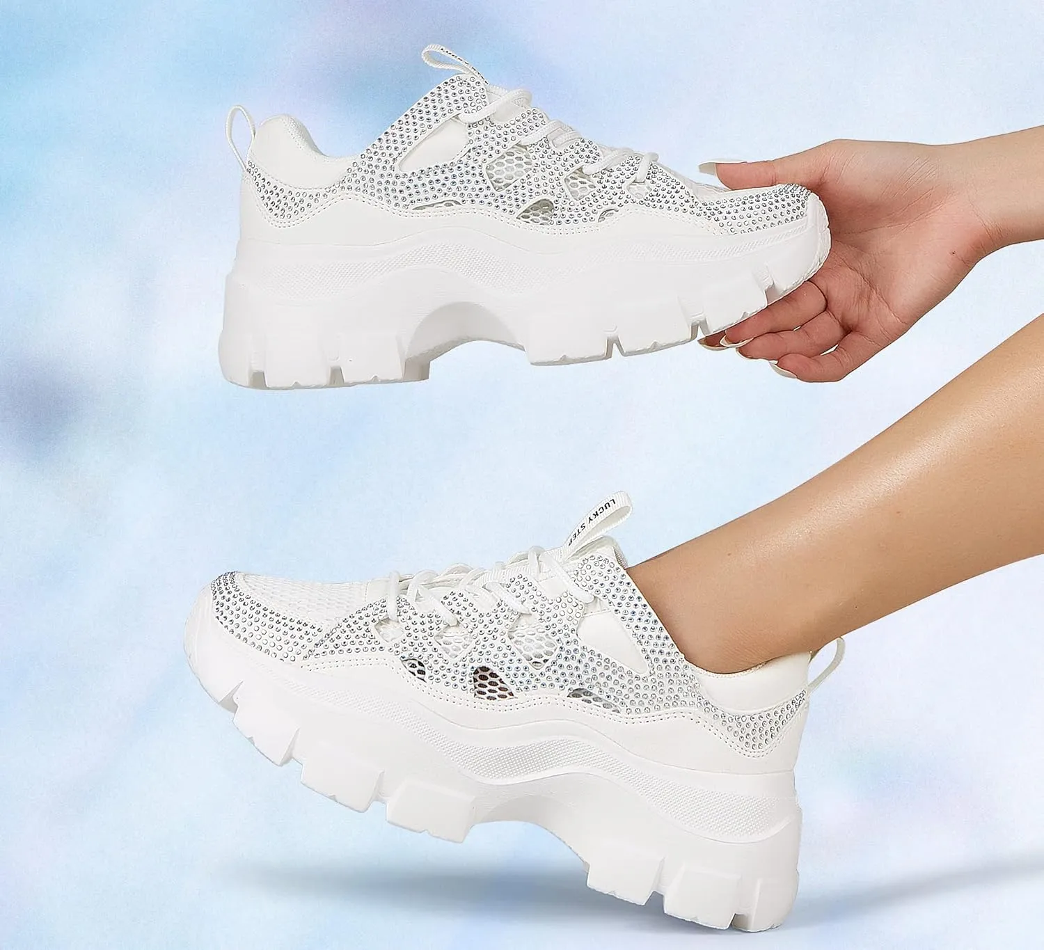 LUCKY STEP Women Chunky Platform Dad Colorblock White Neon Green Fuchsia Hologram Silver Casual Lace-Up Walking Sneakers