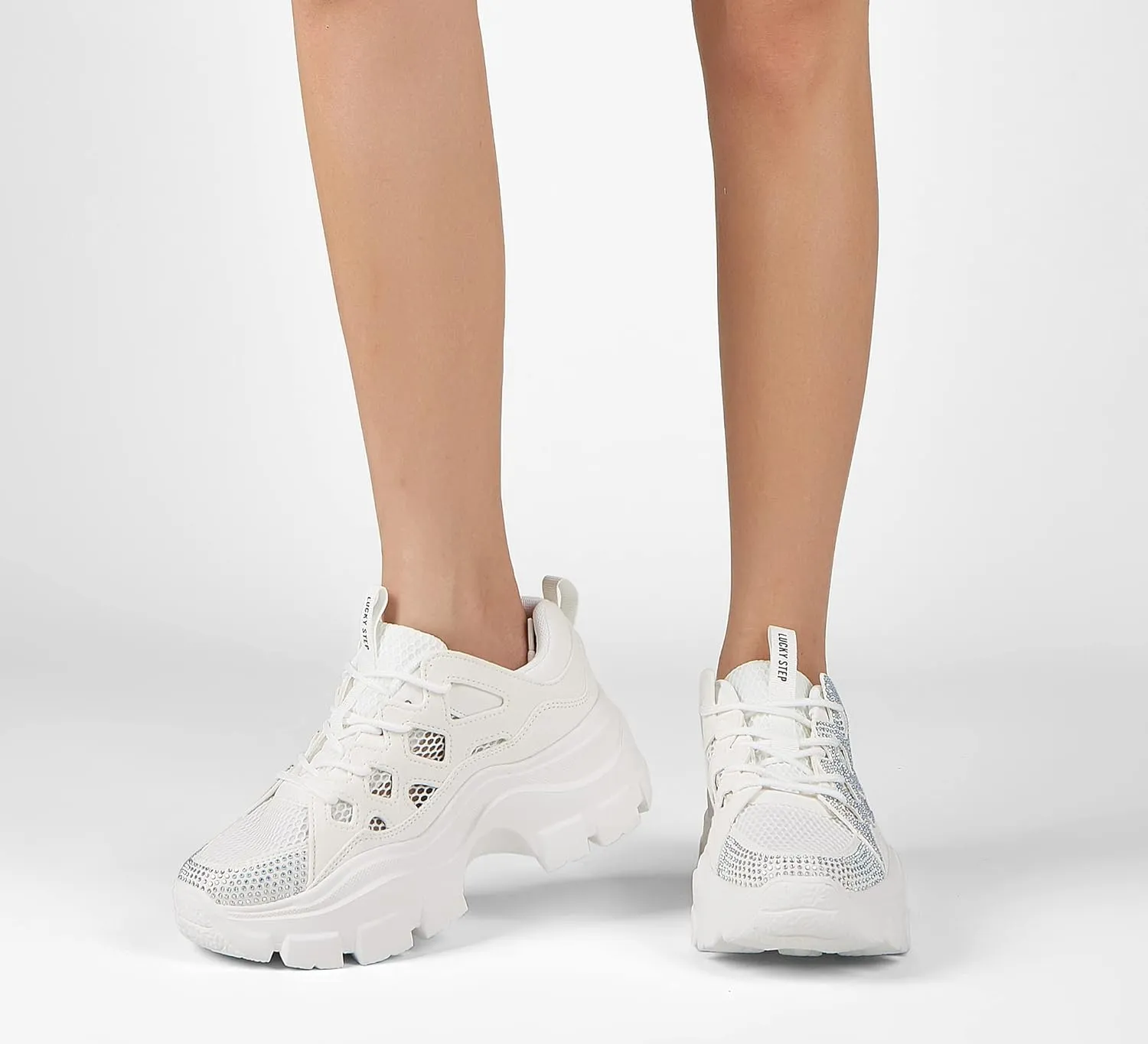 LUCKY STEP Women Chunky Platform Dad Colorblock White Neon Green Fuchsia Hologram Silver Casual Lace-Up Walking Sneakers