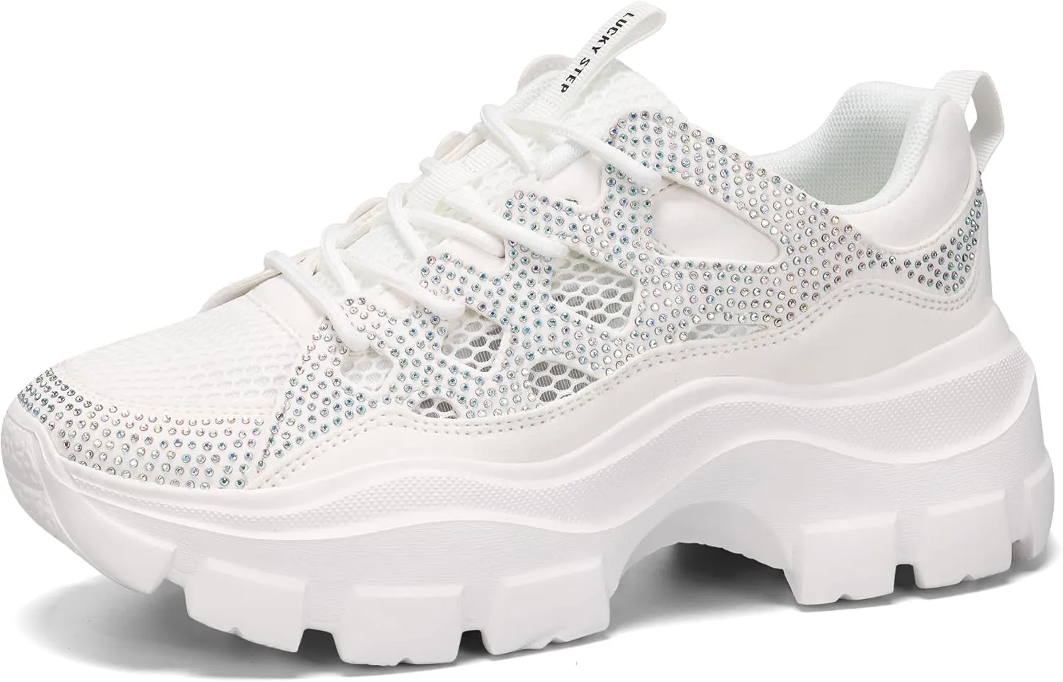 LUCKY STEP Women Chunky Platform Dad Colorblock White Neon Green Fuchsia Hologram Silver Casual Lace-Up Walking Sneakers