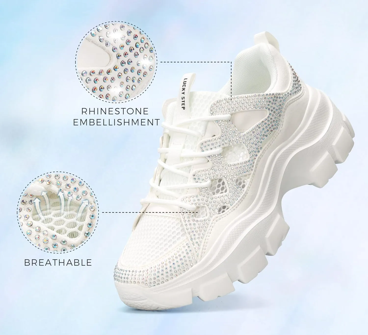 LUCKY STEP Women Chunky Platform Dad Colorblock White Neon Green Fuchsia Hologram Silver Casual Lace-Up Walking Sneakers