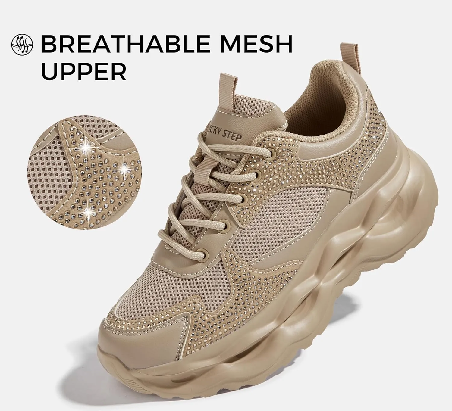 LUCKY STEP Women 's Chunky Sneakers 90s Fashion Thick Dad Rave Sparkly Bling Rhinestone Platform Casual Running Walking Shoes