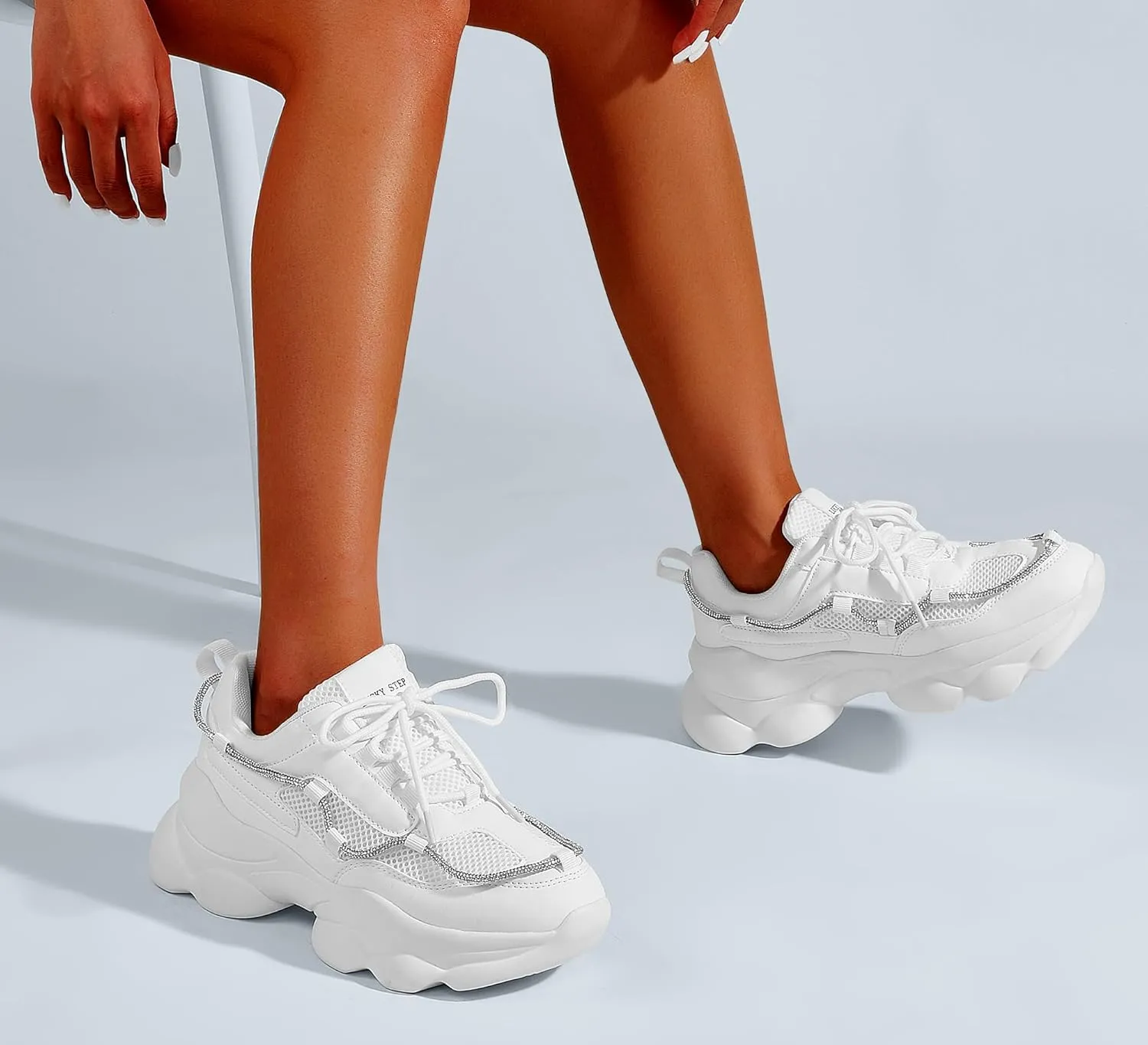 LUCKY STEP Women's 90s Chunky Sneakers Sparkly Bling Rhinestone Rope Platform Casual Thick Dad Rave Walking Shoes