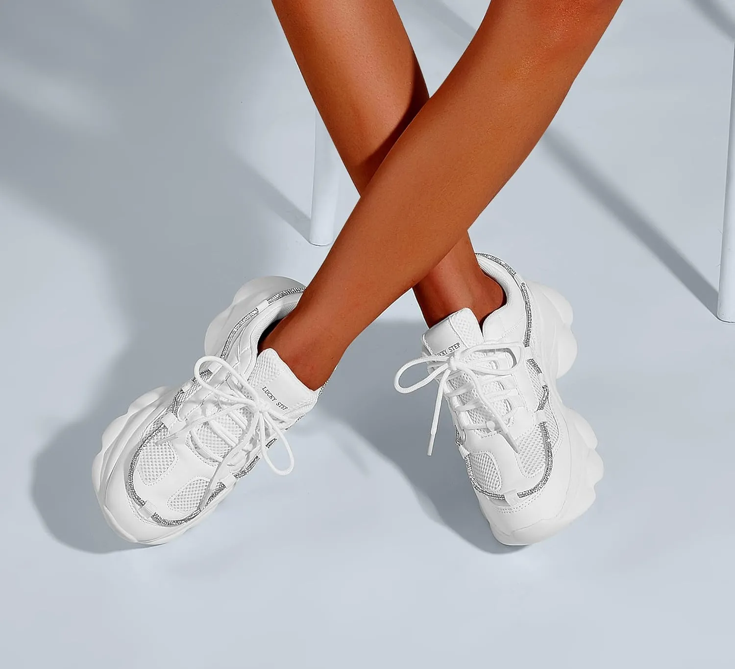 LUCKY STEP Women's 90s Chunky Sneakers Sparkly Bling Rhinestone Rope Platform Casual Thick Dad Rave Walking Shoes