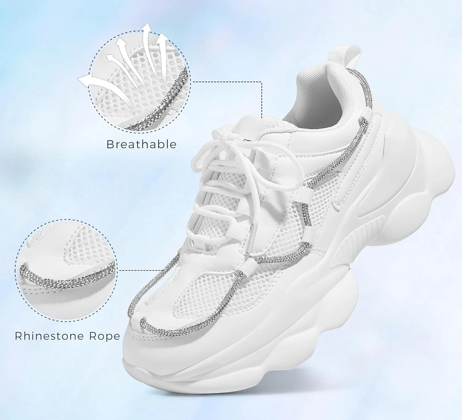 LUCKY STEP Women's 90s Chunky Sneakers Sparkly Bling Rhinestone Rope Platform Casual Thick Dad Rave Walking Shoes