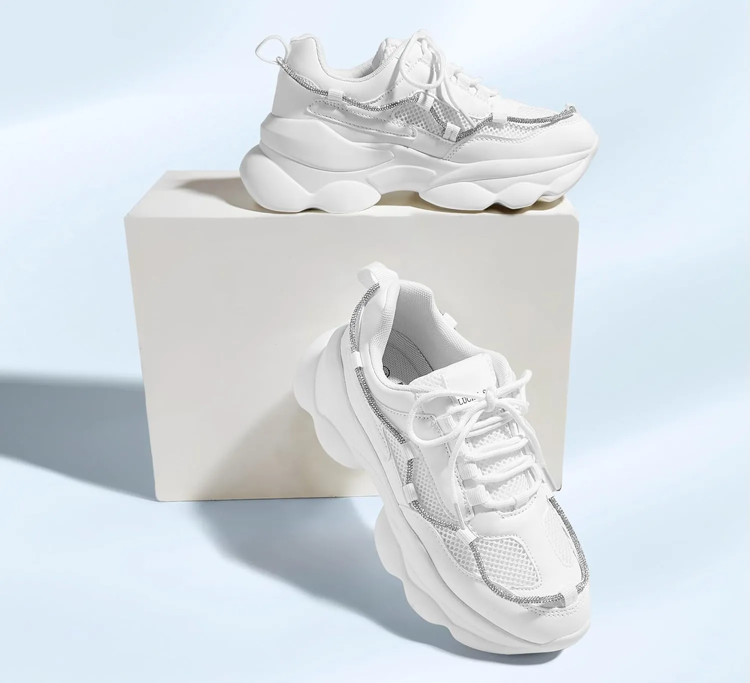LUCKY STEP Women's 90s Chunky Sneakers Sparkly Bling Rhinestone Rope Platform Casual Thick Dad Rave Walking Shoes