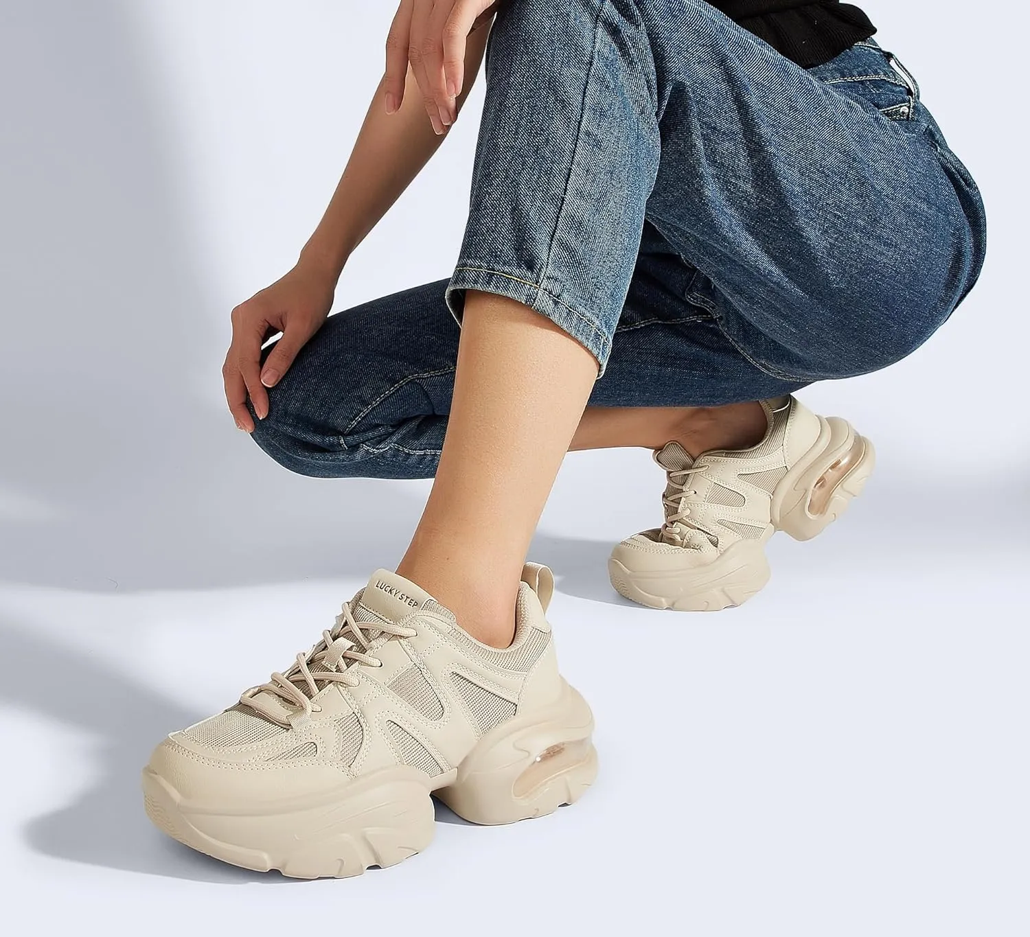 LUCKY STEP Women's Air Cushion Chunky Sneaker Fashion Thick Sole 90S Retro Dad Rave Casual Comfortable Walking Shoes