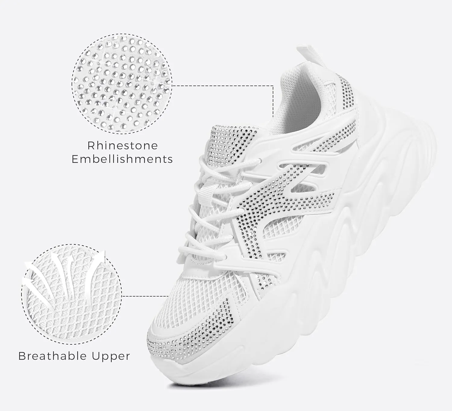 LUCKY STEP Women's Chunky Rhinestone Fashion Sneakers | Sparkly Platform Thick Dad Rave Mesh Walking Shoes