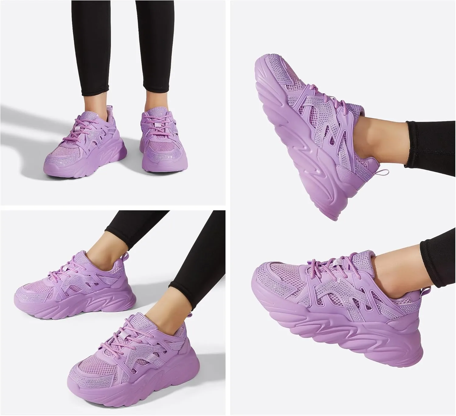 LUCKY STEP Women's Chunky Rhinestone Fashion Sneakers | Sparkly Platform Thick Dad Rave Mesh Walking Shoes