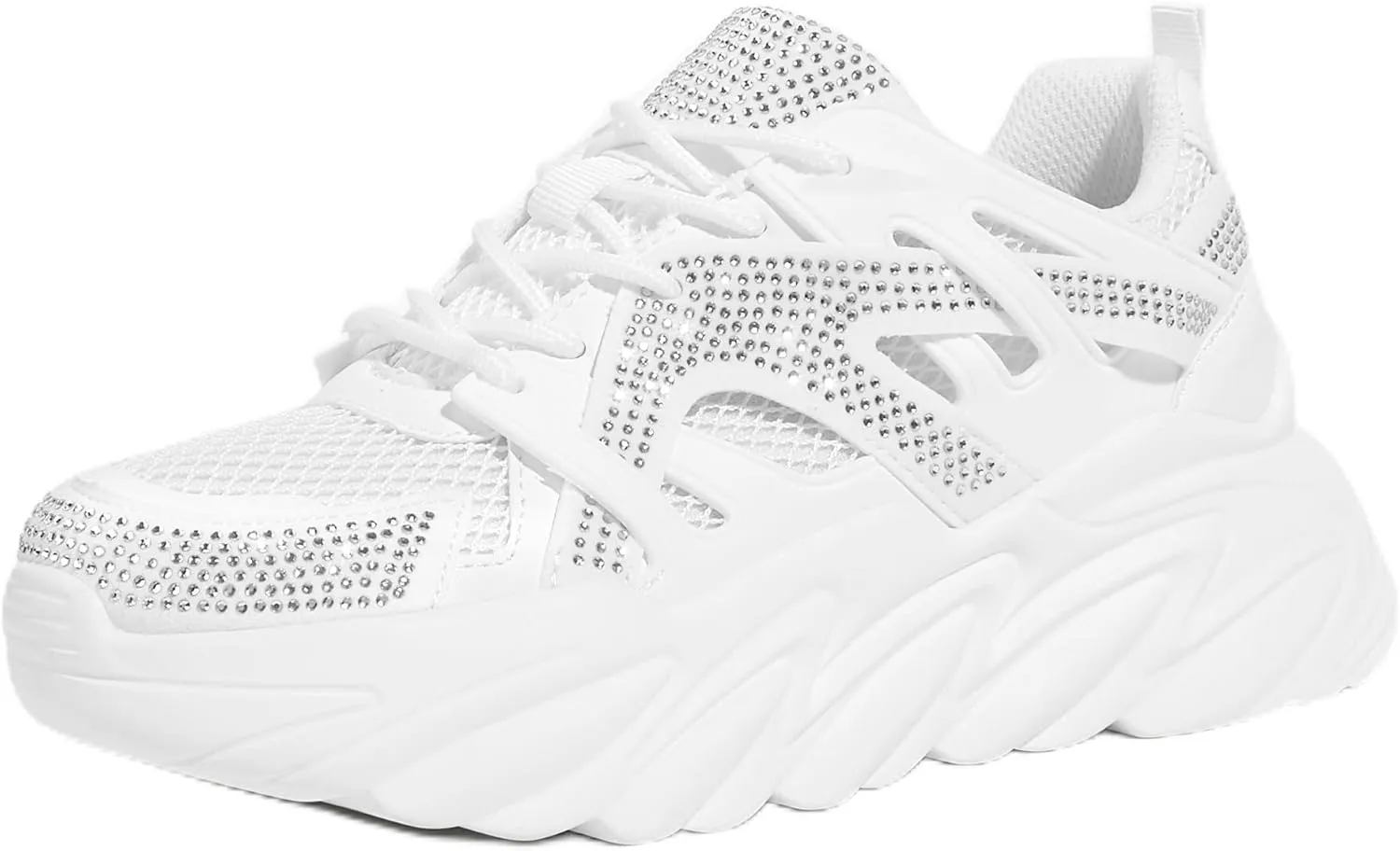 LUCKY STEP Women's Chunky Rhinestone Fashion Sneakers | Sparkly Platform Thick Dad Rave Mesh Walking Shoes