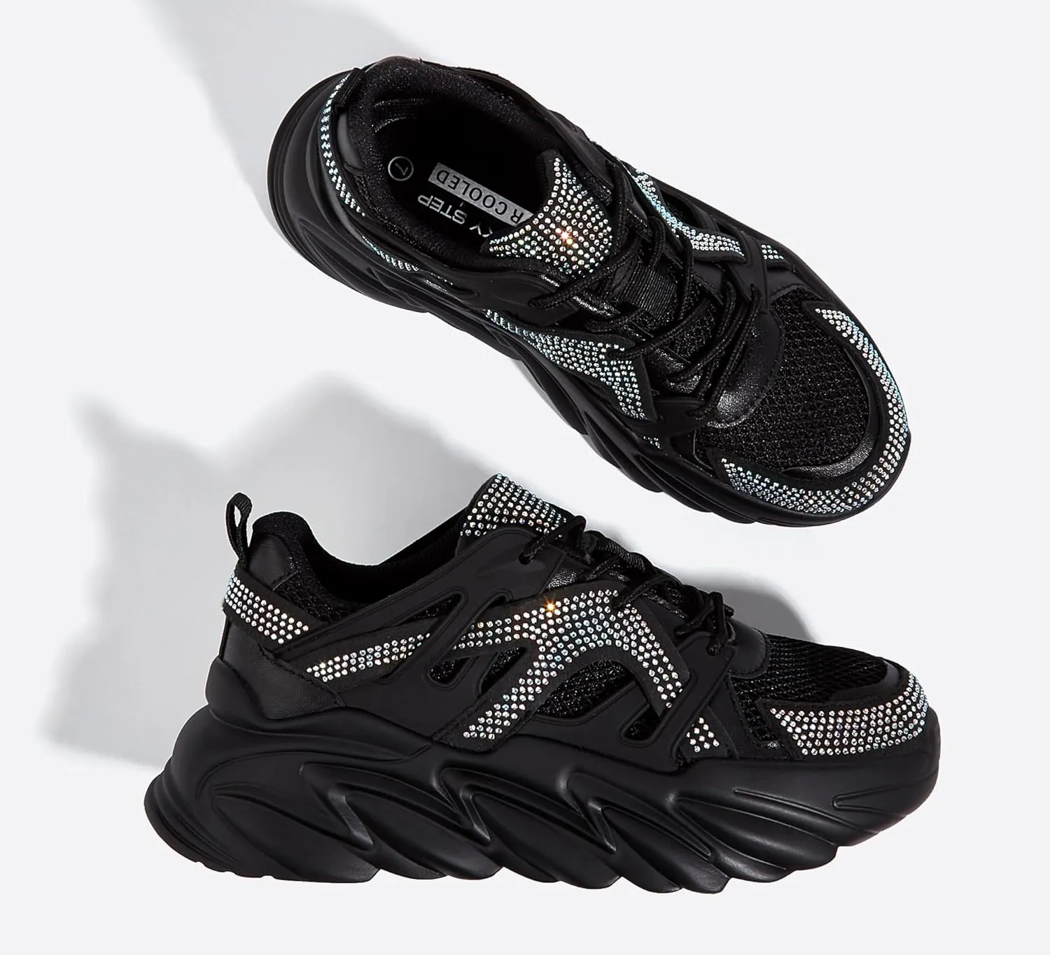 LUCKY STEP Women's Chunky Rhinestone Fashion Sneakers | Sparkly Platform Thick Dad Rave Mesh Walking Shoes