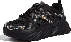 LUCKY STEP Women's Chunky Rhinestone Fashion Sneakers | Sparkly Platform Thick Dad Rave Mesh Walking Shoes