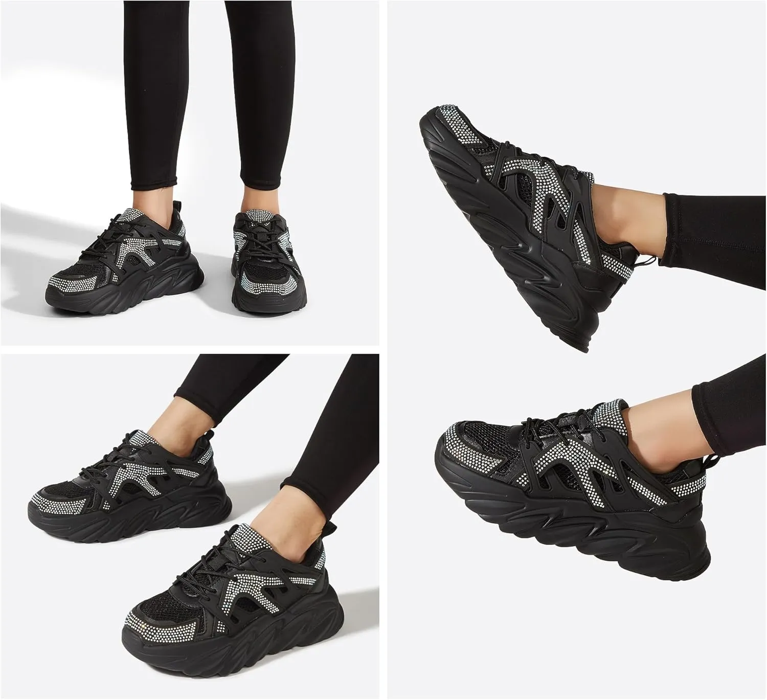 LUCKY STEP Women's Chunky Rhinestone Fashion Sneakers | Sparkly Platform Thick Dad Rave Mesh Walking Shoes