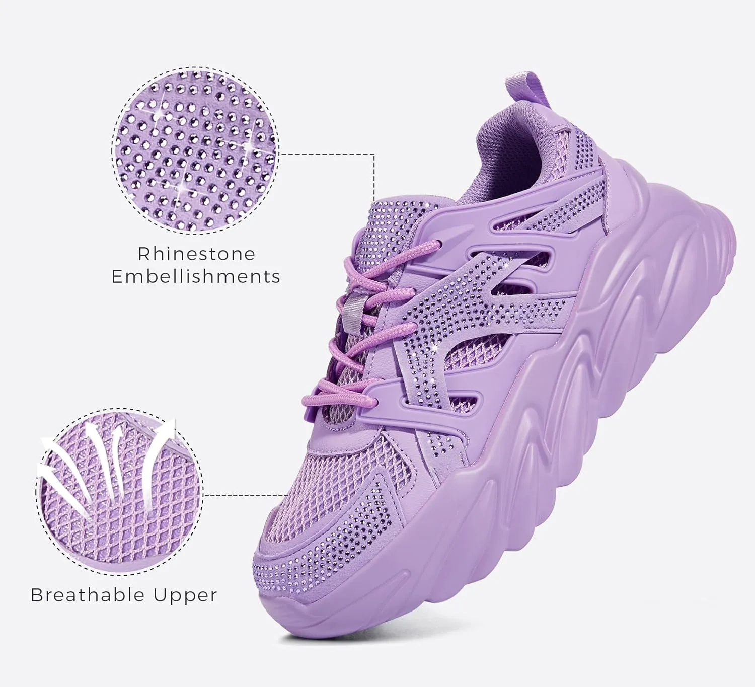 LUCKY STEP Women's Chunky Rhinestone Fashion Sneakers | Sparkly Platform Thick Dad Rave Mesh Walking Shoes