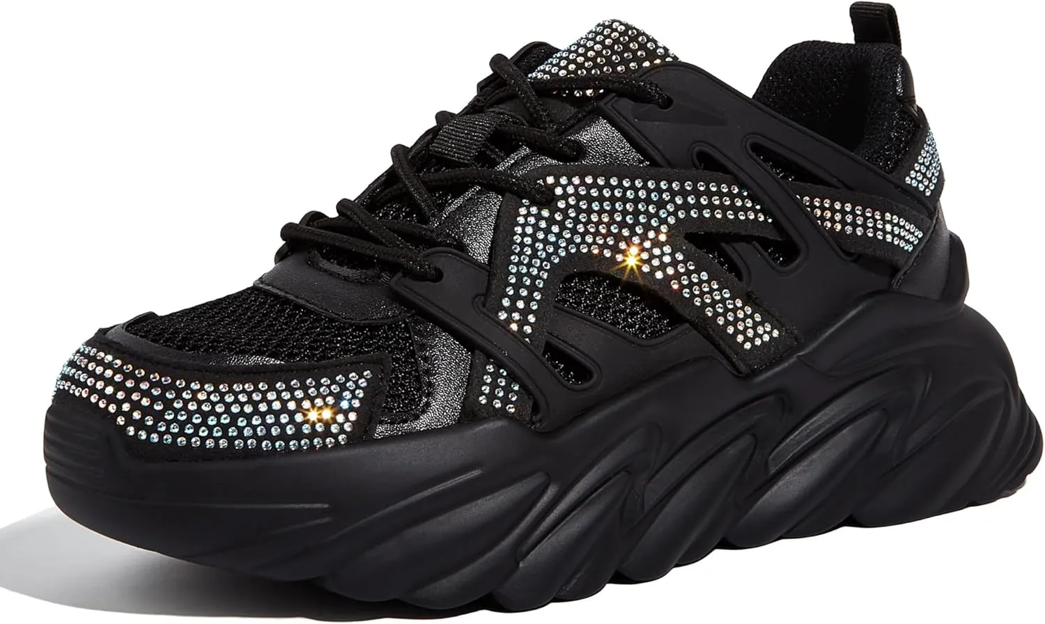 LUCKY STEP Women's Chunky Rhinestone Fashion Sneakers | Sparkly Platform Thick Dad Rave Mesh Walking Shoes