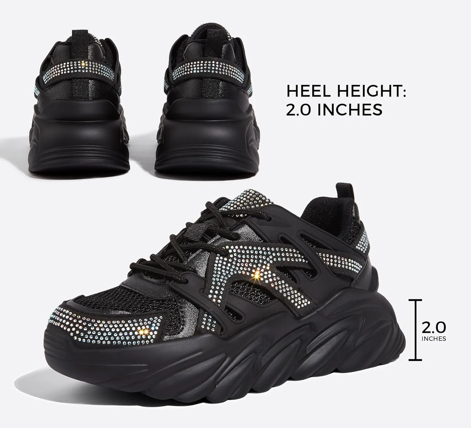 LUCKY STEP Women's Chunky Rhinestone Fashion Sneakers | Sparkly Platform Thick Dad Rave Mesh Walking Shoes