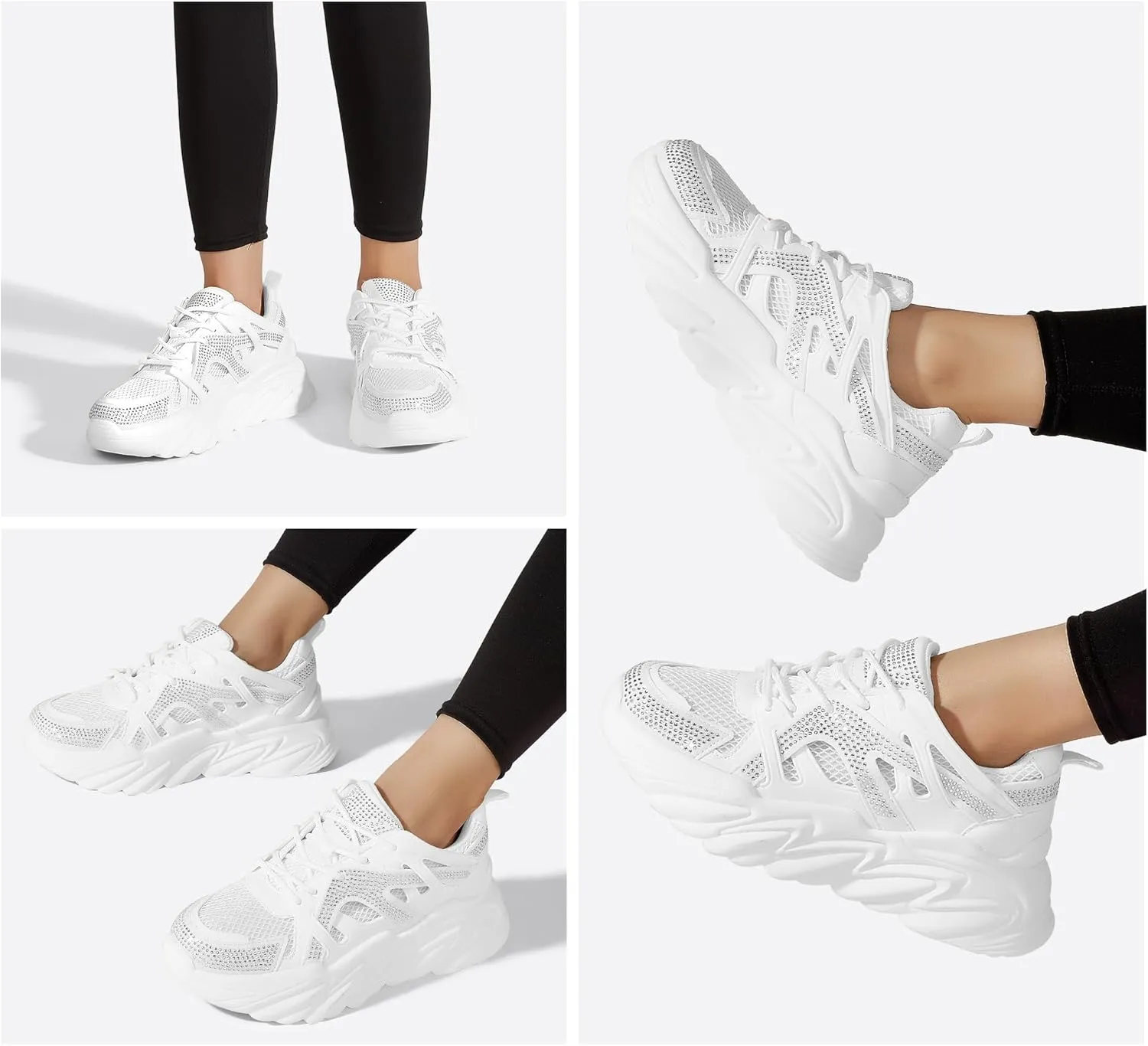 LUCKY STEP Women's Chunky Rhinestone Fashion Sneakers | Sparkly Platform Thick Dad Rave Mesh Walking Shoes