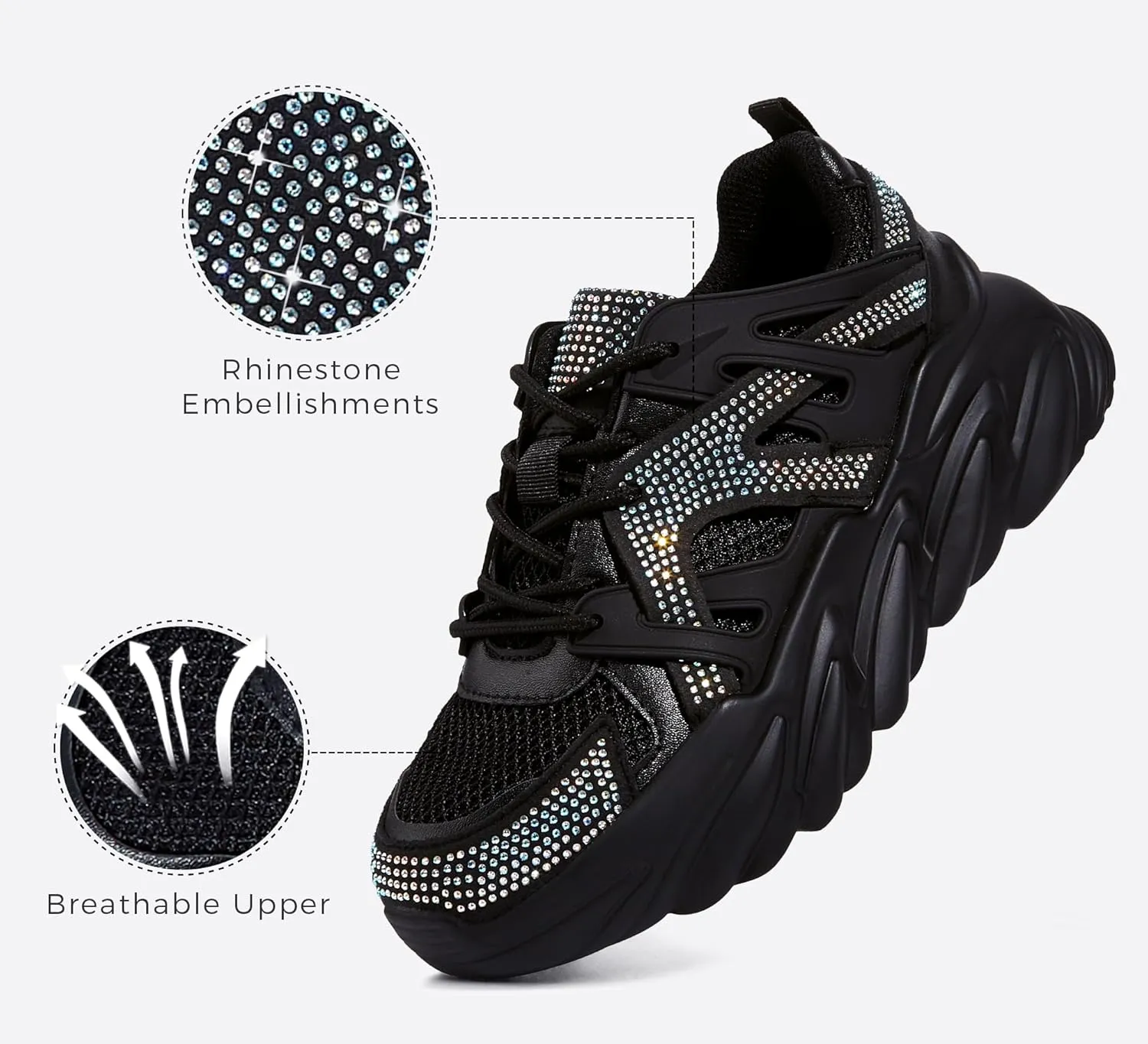 LUCKY STEP Women's Chunky Rhinestone Fashion Sneakers | Sparkly Platform Thick Dad Rave Mesh Walking Shoes