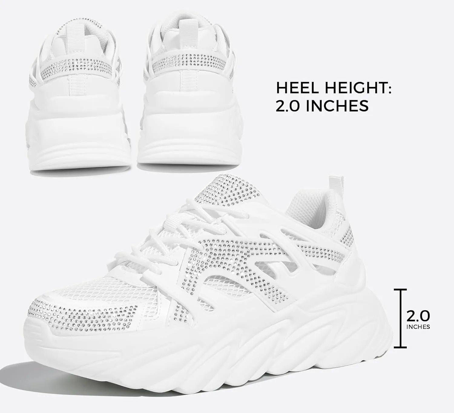 LUCKY STEP Women's Chunky Rhinestone Fashion Sneakers | Sparkly Platform Thick Dad Rave Mesh Walking Shoes