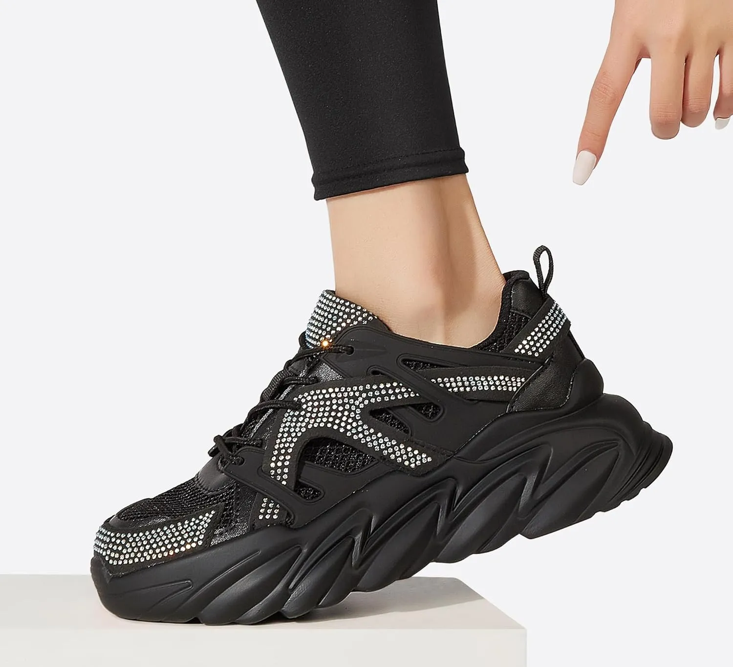 LUCKY STEP Women's Chunky Rhinestone Fashion Sneakers | Sparkly Platform Thick Dad Rave Mesh Walking Shoes